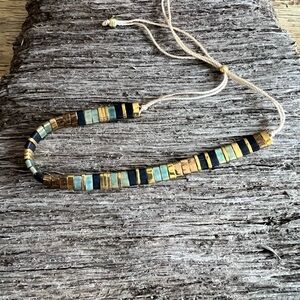 Beautiful Glass Beaded Bracelet Gold Navy Aqua Colors